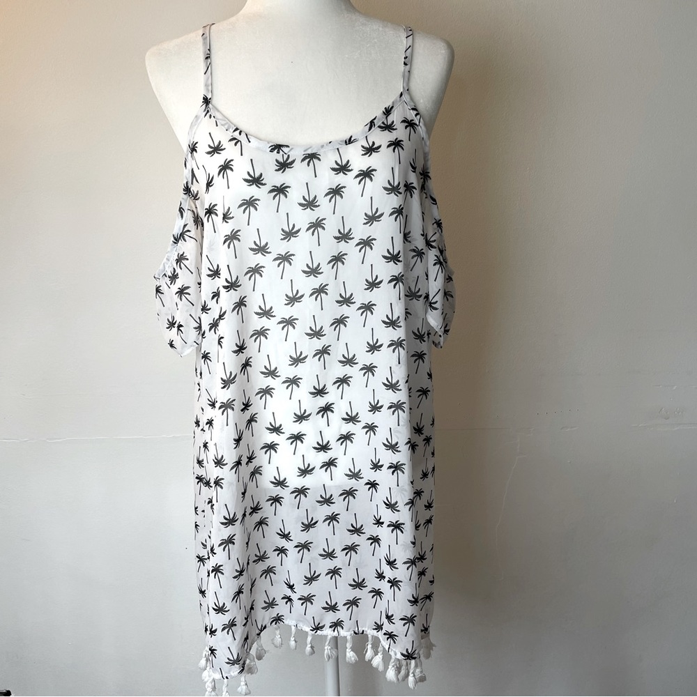 Miken Palm Womens Size M Sheer Swim Cover Up Dress Off Shoulder Cross Palm Trees